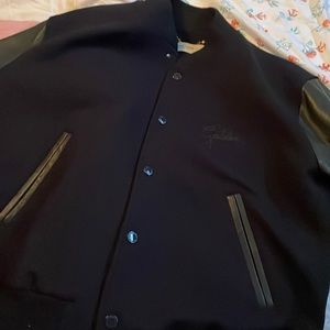 Golden goose men bomber jacket in dark blue wool with leather sleeve